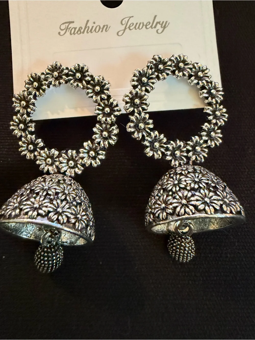 Fashion Jewelry Silver Floral Jhumka Hoop Earrings - Picture 1 of 3